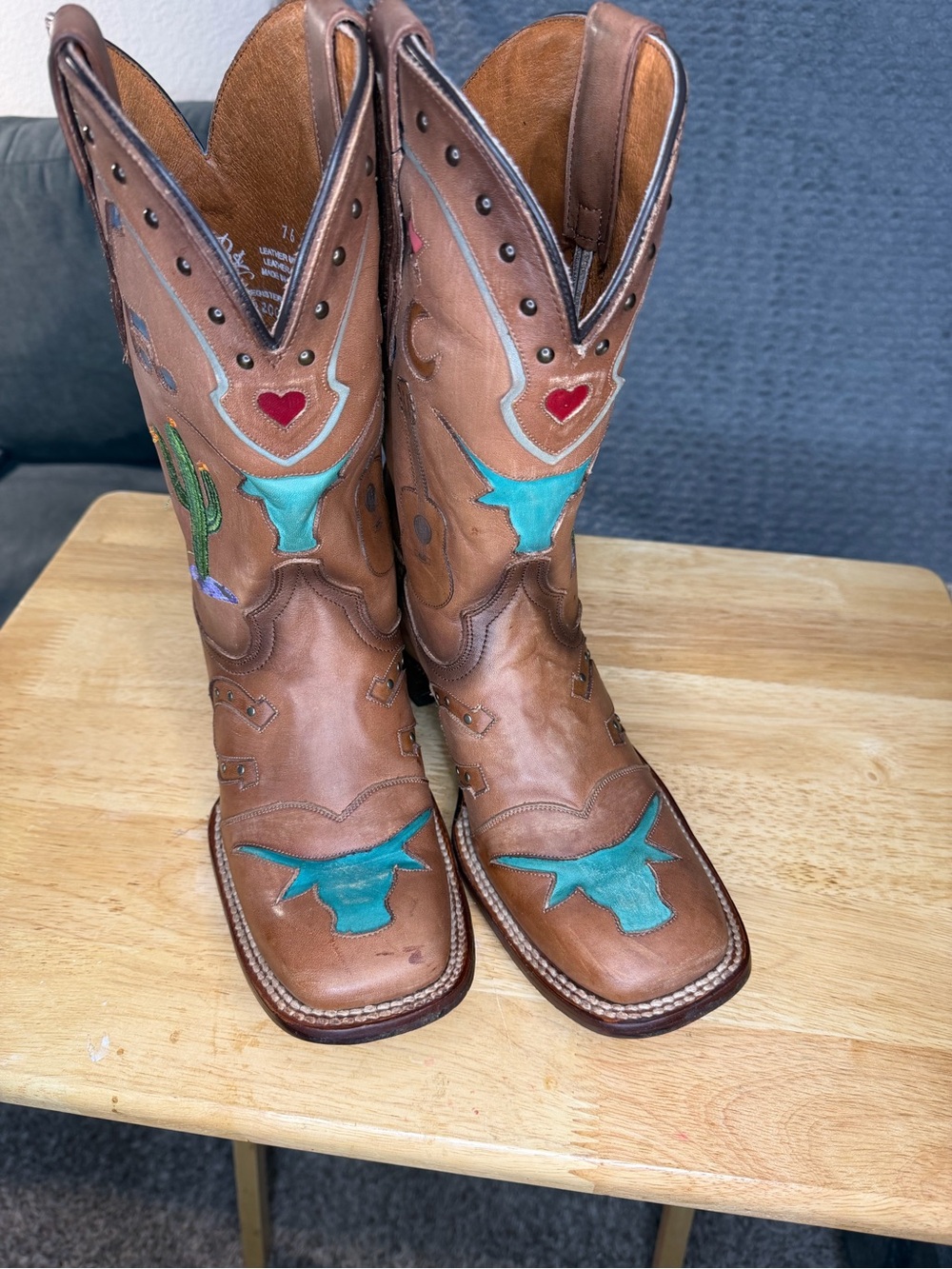 Dan Post Brown Leather Western Boots with Turquoise and Red Accents